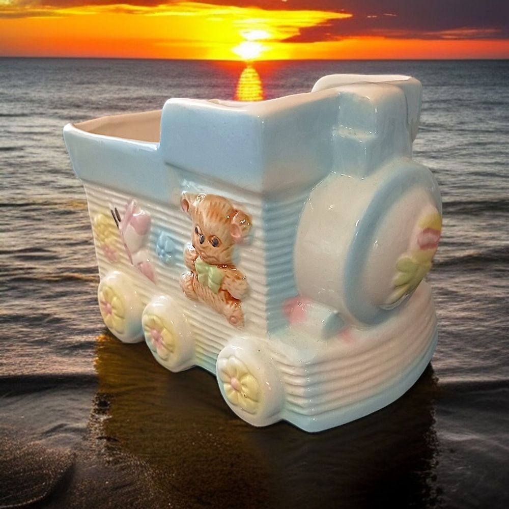 Vintage Baby Planter Decor Vase Ceramic Train Bear Butterfly Colorful‎ Large MCM